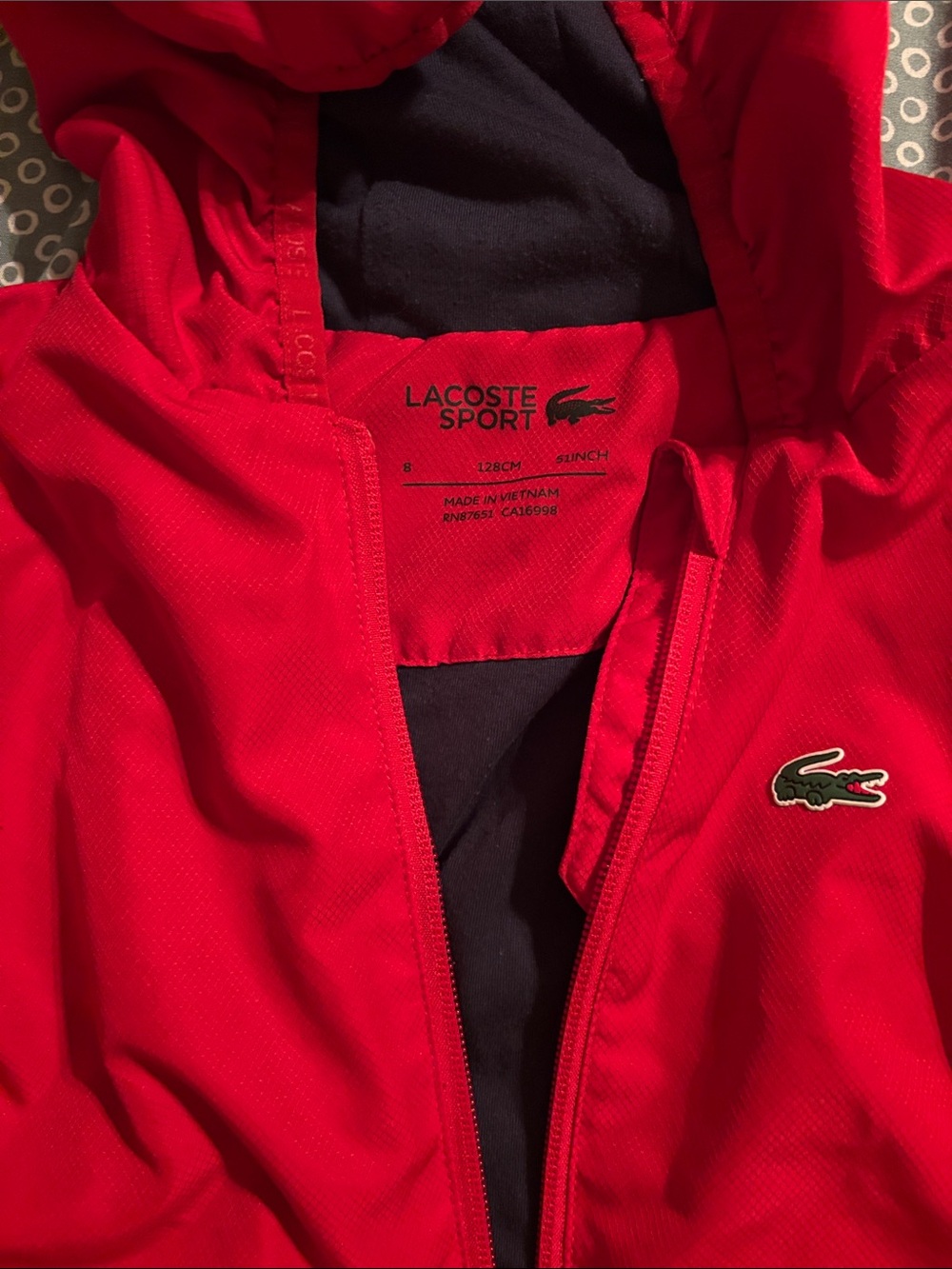 Lacoste Red Kids' Hooded Raincoat with Crocodile Logo - with bottoms -
